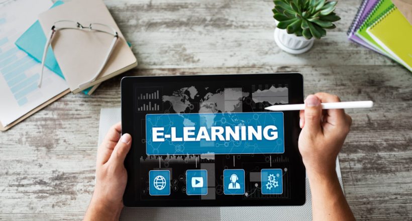 E-learning, online education concept on device screen.