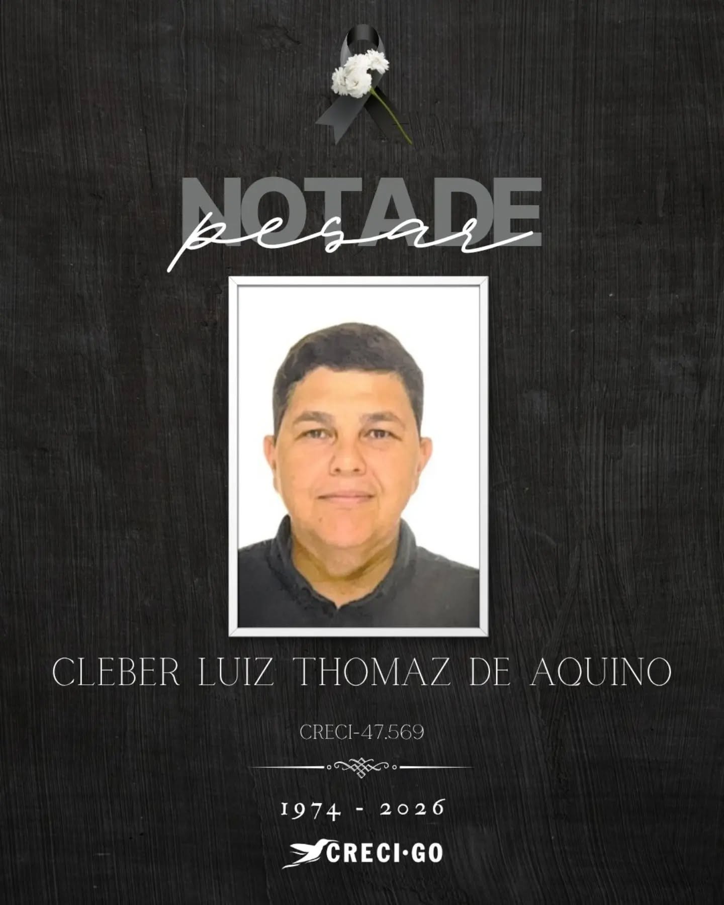Nota de pesar

O CRECI-GO manifesta profundo pesar pelo falecimento do corretor de imóveis Cleber Luiz Tomaz Aquino, que ao que tudo indica parece ter ocorrido por causas naturais.

Neste momento de dor, expressamos nossos sinceros sentimentos aos familiares, amigos e colegas de profissão, desejando força e conforto a todos.

#crecigo #pesar #luto