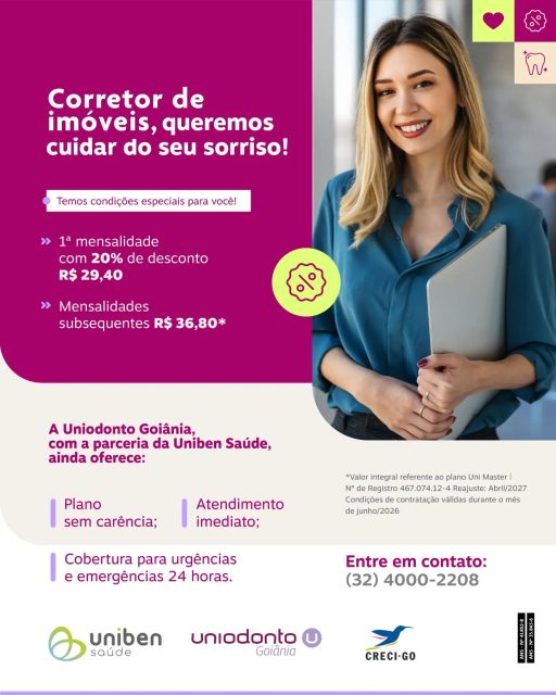 🦷 Última chance para aproveitar!

As condições especiais da parceria entre Creci de Goiás, Uniodonto Goiânia e Uniben Saúde foram prorrogadas para julho — e este é o último mês para garantir esse benefício.

✅ 20% de desconto na primeira mensalidade

✅ Plano sem carência

✅ Atendimento imediato

✅ Cobertura para urgências e emergências 24 horas

Cuide da sua saúde bucal com condições exclusivas para corretores de imóveis regularmente inscritos.

📅 Não deixe para depois! A campanha se encerra neste mês de julho.

📞 Entre em contato: (32) 4000-2208

#CRECIGO #CorretorDeImóveis #UniodontoGoiânia #UnibenSaúde #ParceriaCRECIGO
