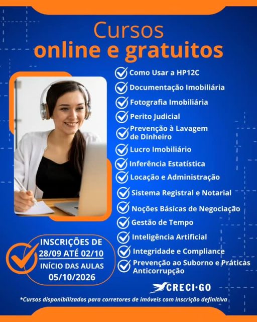 Atualize seus conhecimentos e fortaleça sua atuação no mercado imobiliário!

Estão abertas as inscrições para cursos online e gratuitos, exclusivos para corretores de imóveis, em áreas essenciais para o seu desenvolvimento profissional.

📚 Cursos disponíveis:

• Inteligência Artificial

• Fotografia Imobiliária

• Documentação Imobiliária

• Perito Judicial

• Locação e Administração de Imóveis

• HP12C

• Gestão do Tempo

• Negociação

• Sistema Registral e Notarial

• Prevenção à Lavagem de Dinheiro

• Lucro Imobiliário

• Inferência Estatística para Avaliação Imobiliária

📅 Inscrições até 02/10

🎓 Início das aulas: 05/10

💻 Inscreva-se em ead.creci.org.br.

⚠️ Cursos exclusivos para corretores com inscrição definitiva, situação regular e e-mail institucional @creci.org.br. Ainda não possui? Solicite em criar.creci.org.br.